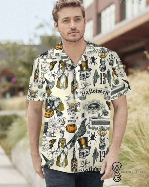 Trickery Pattern Halloween Full Printing Hawaiian Shirt Funny Hawaiian Beach Gift Casual Shirt Vesles2014S