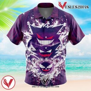 Trippy Ghostly Evolution Gastly Haunter Gengar  Pokemon Hawaiian Button Up Shirt, Perfect Gifts For Anime Lovers - Vesles2014S