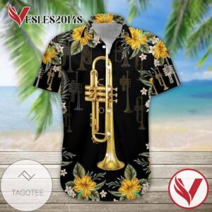 Trumpet Musical Instrument Hawaiian Graphic Print Short Sleeve Hawaiian Casual Shirt Vesles2014S 1