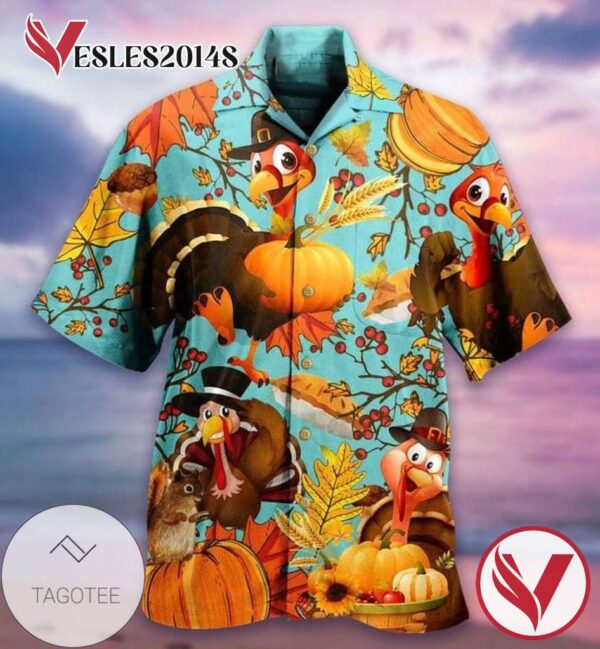Turkey And Pumpkin Print Short Sleeve Hawaiian Casual Shirt Vesles2014S 1