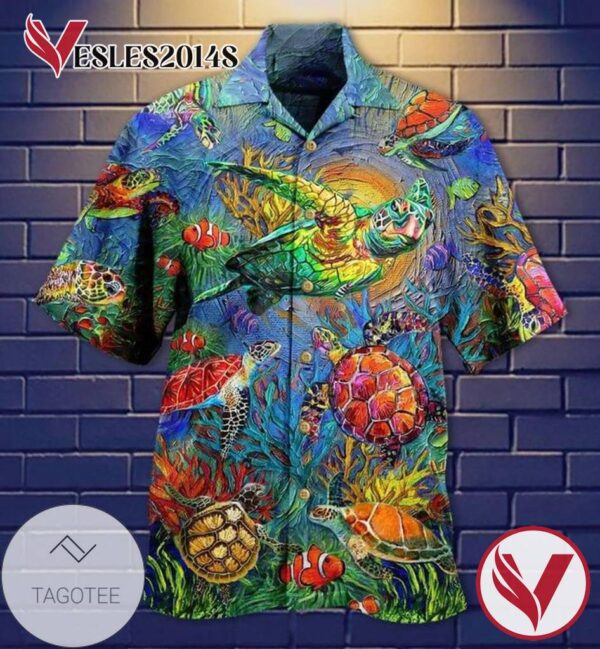 Turtle In The Ocean Print Short Sleeve Hawaiian Casual Shirt Vesles2014S