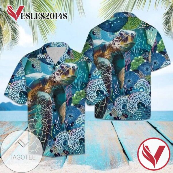 Turtle under the sea Print Short Sleeve Hawaiian Casual Shirt Vesles2014S 1
