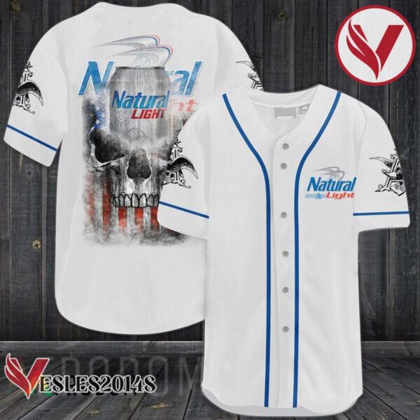 US Flag Black Skull Natural Light Baseball Jersey, Perfect Gifts For Fans - Vesles2014S