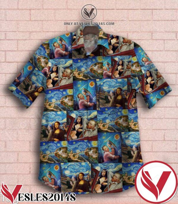 Van Gogh Hangout With Mona Lisa Under Starry Night Hawaiian Shirt, Unique Gifts For Friends - Vesles2014S 1