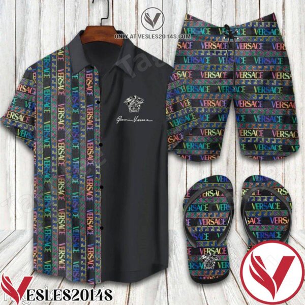 Versace Black Combo Hawaiian Shirt, Beach Shorts And Flip Flop, Unique Gifts For Friends - Vesles2014S 1