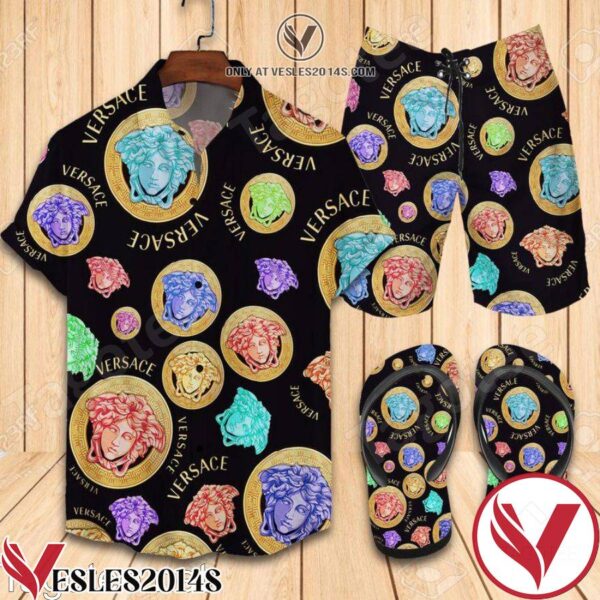 Versace Medusa Amplified Combo Hawaiian Shirt, Beach Shorts And Flip Flop, Unique Gifts For Friends - Vesles2014S 1