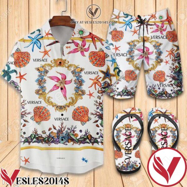 Versace White Starfish Combo Hawaiian Shirt, Beach Shorts And Flip Flop, Unique Gifts For Friends - Vesles2014S 1