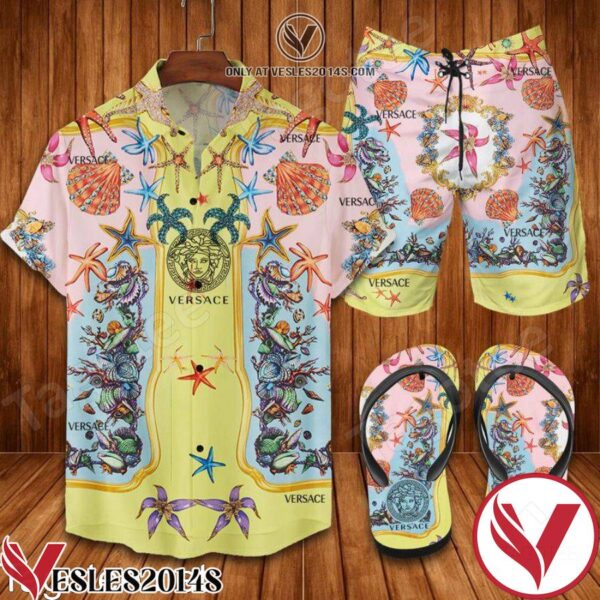 Versace Yellow Marine Combo Hawaiian Shirt, Beach Shorts And Flip Flop, Unique Gifts For Friends - Vesles2014S 1