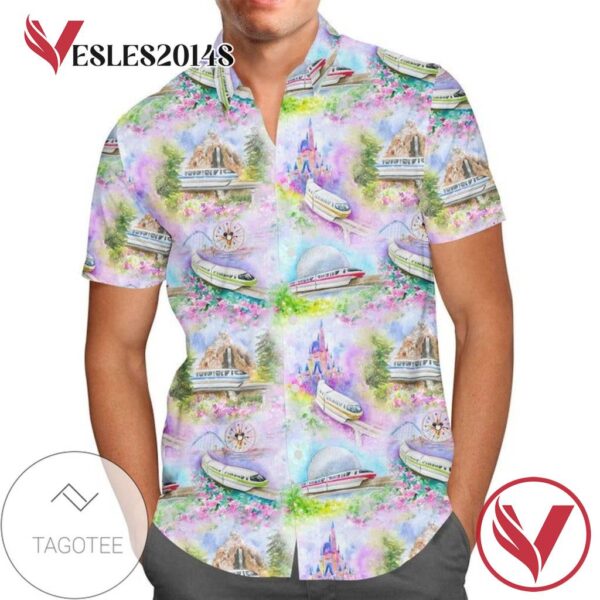 Watercolor Disney Monorail For men And Women Graphic Print Short Sleeve Hawaiian Casual Shirt Vesles2014S 1