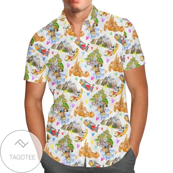 Watercolor Disney Parks Trains And Drops For men And Women Graphic Print Short Sleeve Hawaiian Casual Shirt Vesles2014S 1