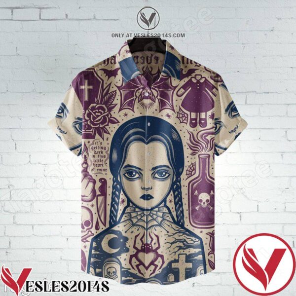 Wednesday Addams It’s Getting Dark In This Little Heart Of Mine Hawaiian Shirt, Unique Gifts For Friends - Vesles2014S 1