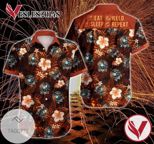 Welder Eat Sleep Weld Repeat Hawaiian Graphic Print Short Sleeve Hawaiian Casual Shirt Vesles2014S 1