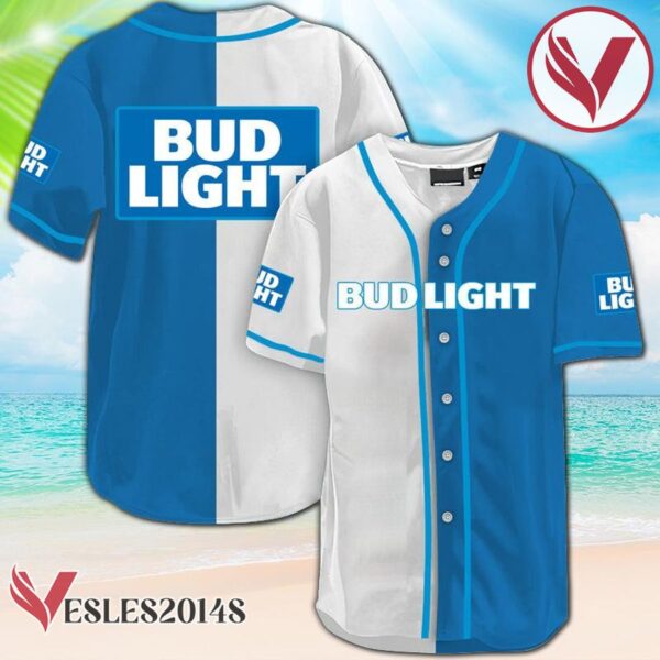 White And Blue Split Bud Light Baseball Jersey, Perfect Gifts For Fans - Vesles2014S