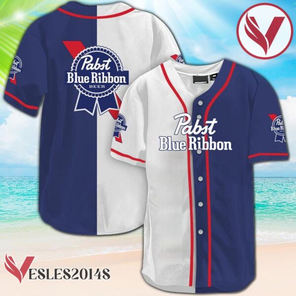 White And Blue Split Pabst Blue Ribbon Baseball Jersey PBR Jersey, Perfect Gifts For Fans - Vesles2014S