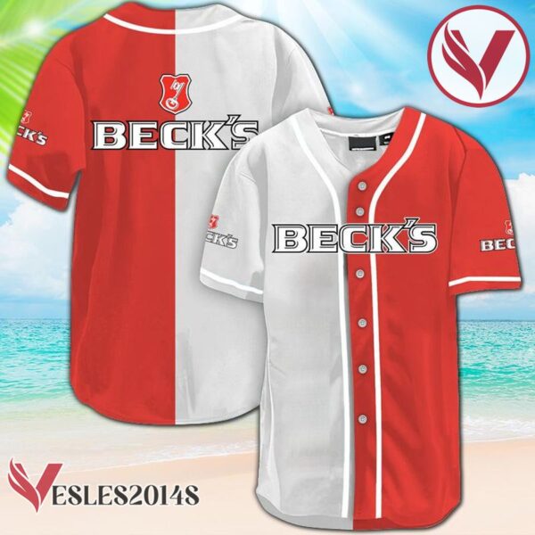 White And Red Split Beck's Beer Baseball Jersey, Perfect Gifts For Fans - Vesles2014S