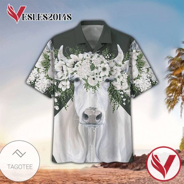 White Cow Beautiful Flower Art Casual Button Down Short Sleeves Unisex Hawaiian Shirt Vesles2014S 1