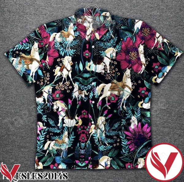 White Horse And Flower Leaf Black Hawaiian Shirt, Unique Gifts For Friends - Vesles2014S 1
