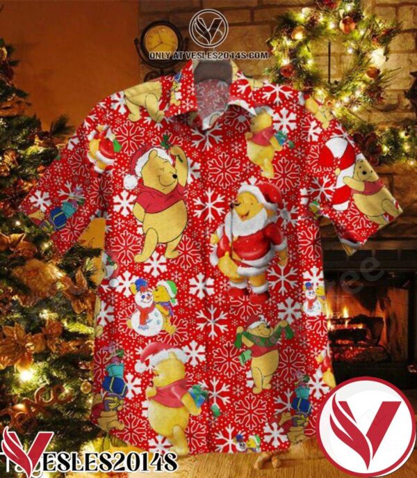 Winnie-the-Pooh Christmas Snow Flowers Red Hawaiian Shirt, Unique Gifts For Friends - Vesles2014S 1