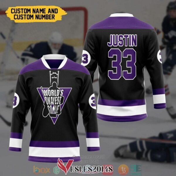 Worlds Okayest Goalie Custom Name and Number Hockey Jersey Shirt, Trending Gifts For Fans - Vesles2014s 2