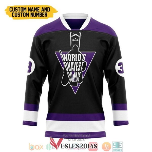 Worlds Okayest Goalie Custom Name and Number Hockey Jersey Shirt, Trending Gifts For Fans - Vesles2014s