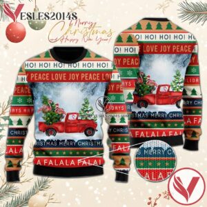 Xmas Flamingos Ride Red Truck Ugly Sweater, Unique Winter Outfits For Fans - Vesles2014S  1