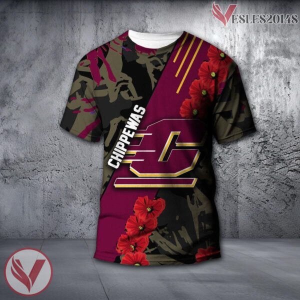 Central Michigan Chippewas NCAA With Red Poppy Flower 3D Shirt, Unique Gift For Fans - Vesles2014S
