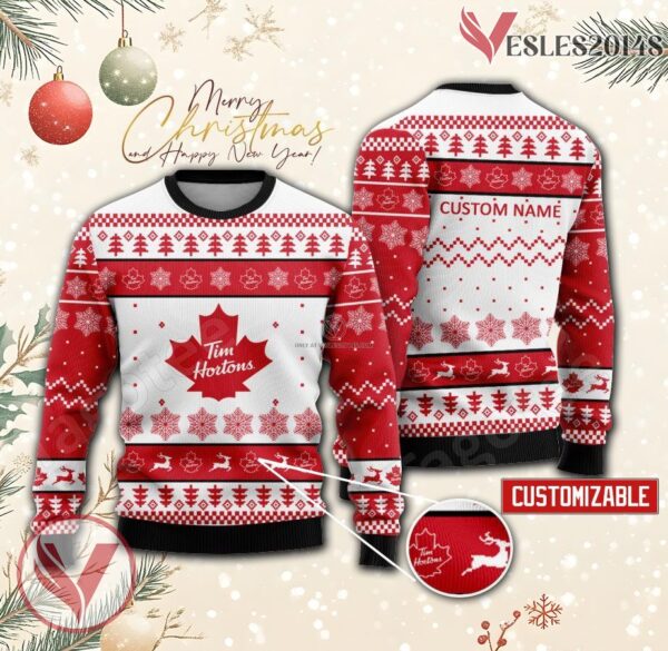Tim Hortons Logo Personalized Ugly Christmas Sweater, Unique Gift For Fans - Vesles2014s